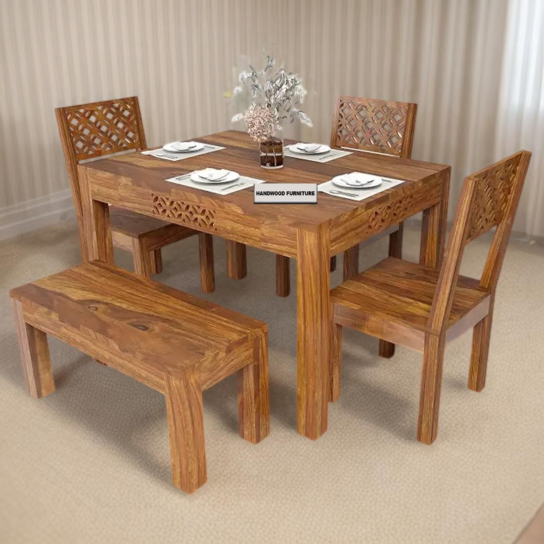 Sheesham Wood Dining Table(34x34) with 3 Chairs & 1 Bench | 4 Seater Dining Set | Wooden Dining Table with Chair - Dining Room Furniture