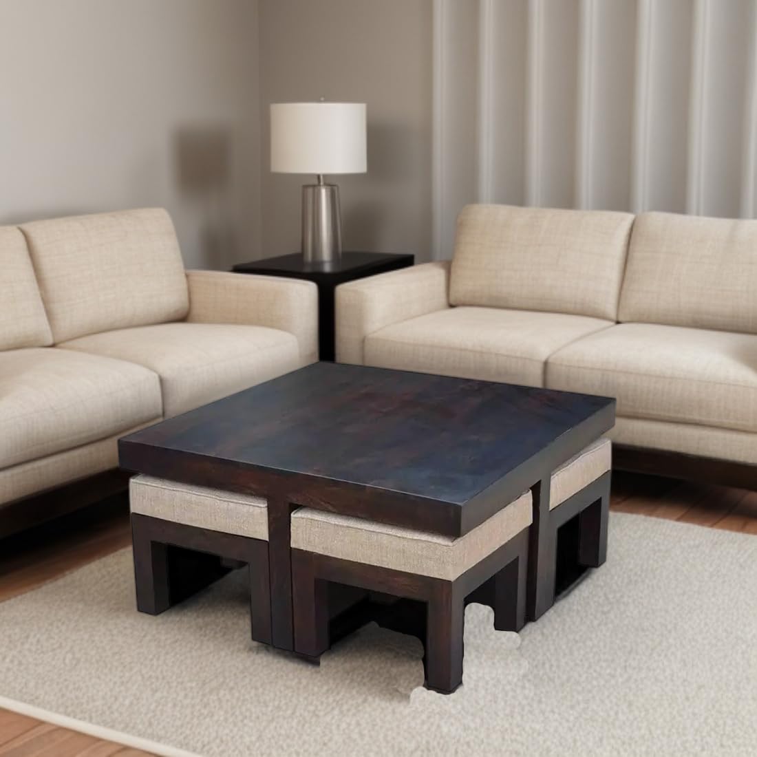 Premium Sheesham Wood Coffee Table for Living Room | Solid Wood Coffee Table, Center Table, Tea Table | Wooden Coffee Table with 4 Stool |Best Furniture for Home |Walnut Finish