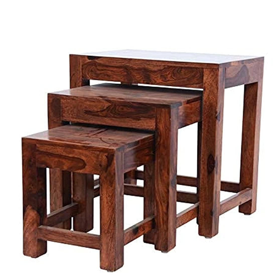 Sheesham Wood Nesting Stools for Living Room, Wooden Tables, Set of 3, Brown