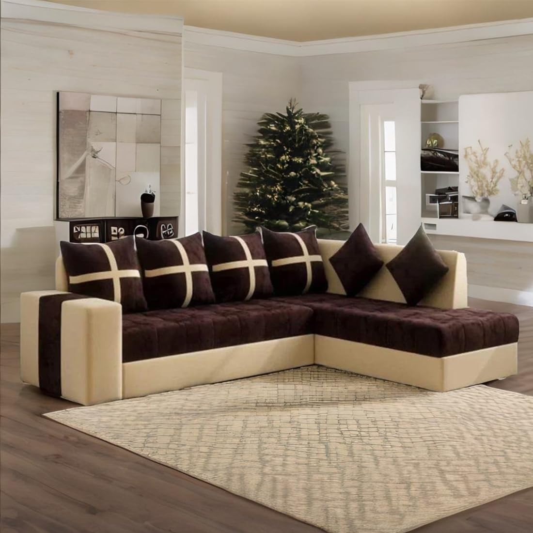 Wood Furniture 6 Seater L Shape Corner Sofa for Living Room | 6-Seater L Shape Sofa (Right Facing) with 6 Small Pillow | Sofa for Home & Office Furniture