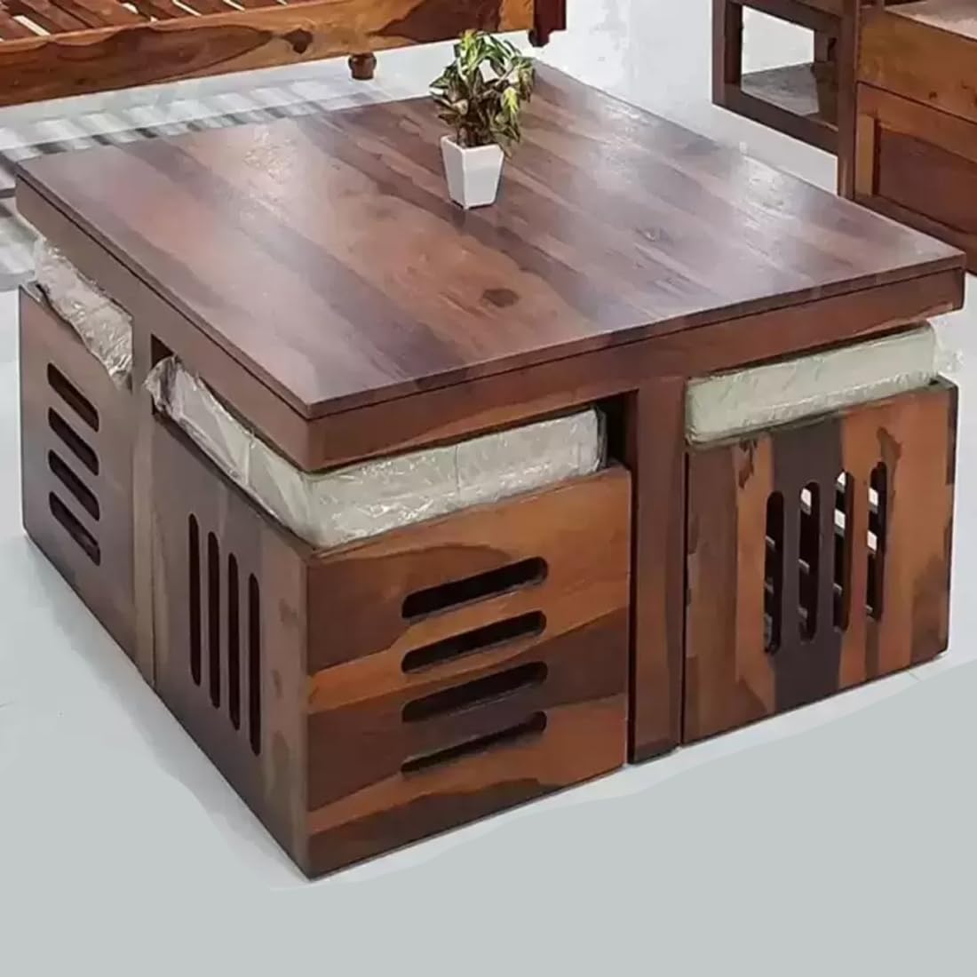 Premium Sheesham Solid Wood Coffee Tea Center Table with 4 Stool Living Room Furniture - Teak Finish
