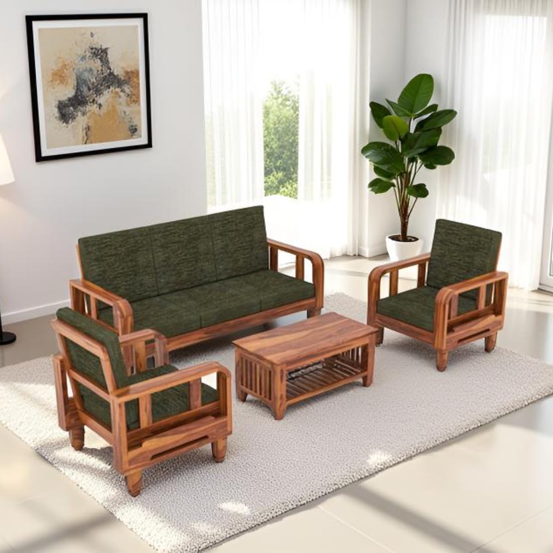 Solid Wood 5 Seater Wooden Sofa Set for Living Room Furniture 5 Seater 3+1+1 Fabric Sofa Set with Center Table