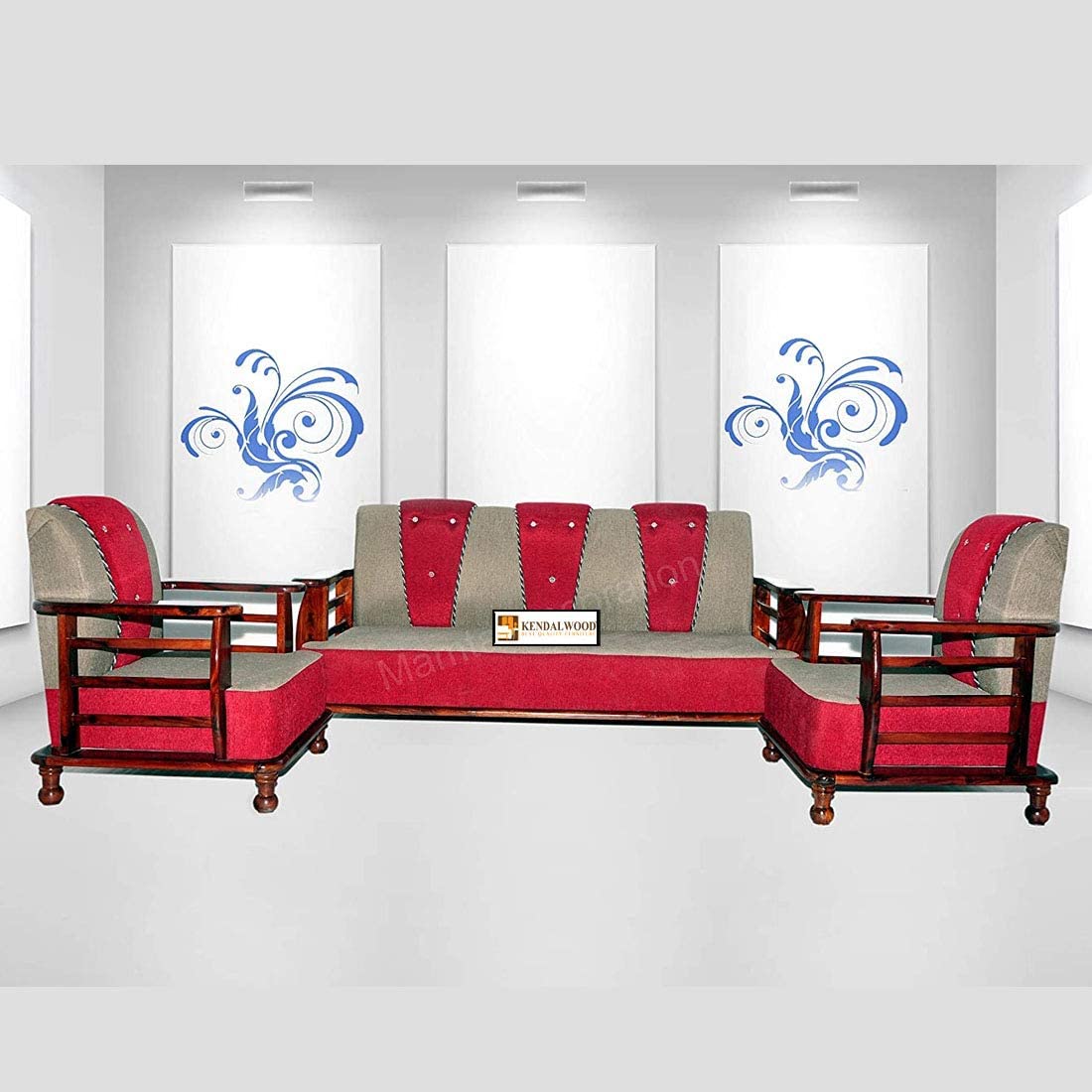 Solid Sheesham Wood Sofa Set | Wooden Sofa Set | Fabric 3 + 1 + 1 Natural Teak Finish