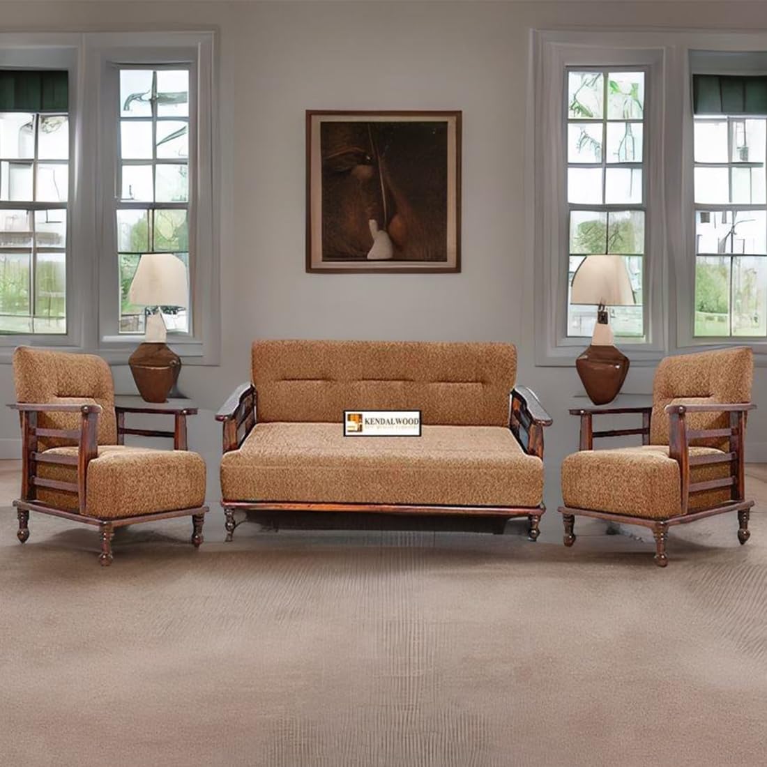 Solid Sheesham Wood Sofa Set | Wooden Sofa Set | Pre Assembled (Ready to Use) | Fabric 3 + 1 + 1 Natural