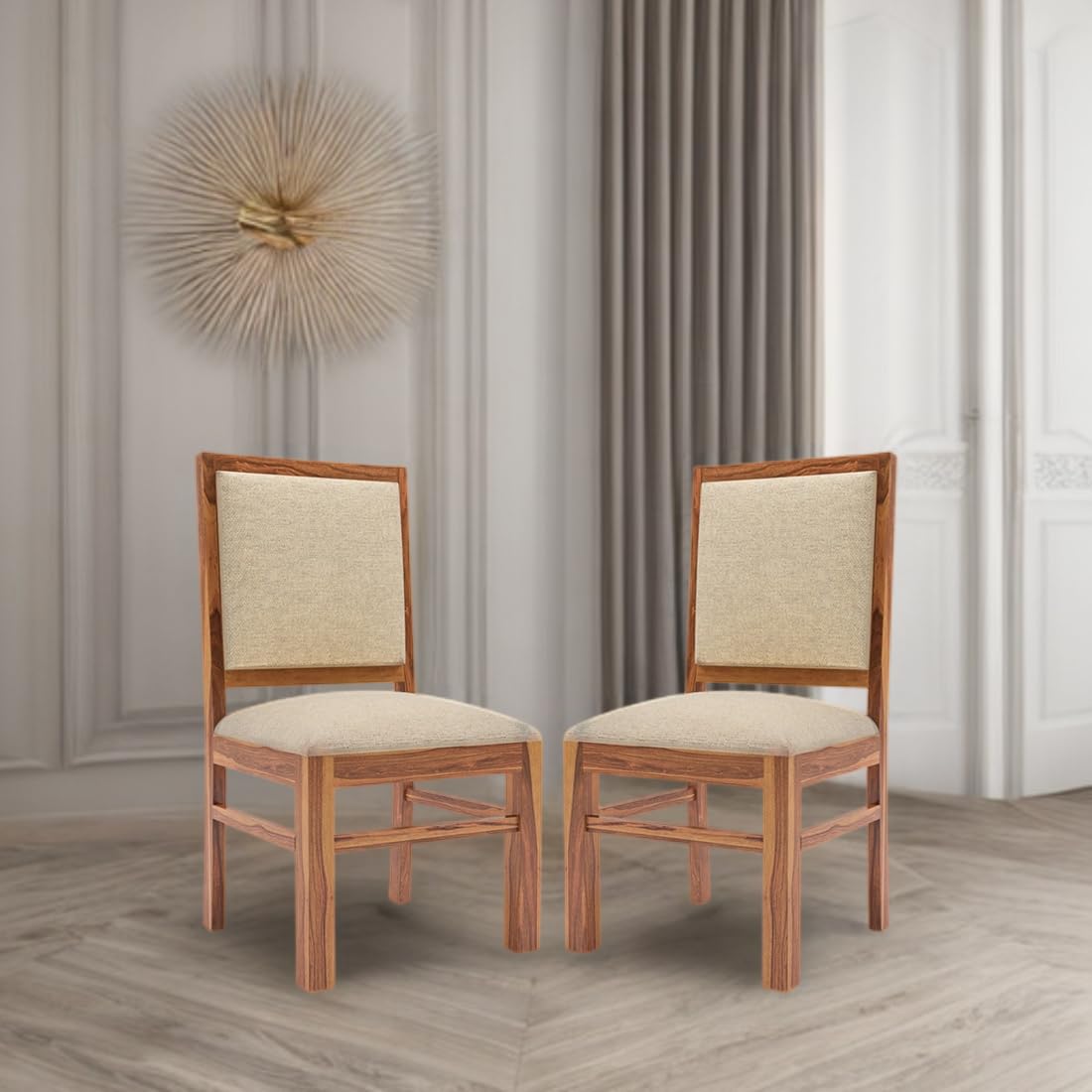 Solid Sheesham Wood Dining, Study Chair | Multipurpose Chair Set of 2 | Finish:- Honey Finish with Flower Printed Cushions