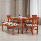 Sheesham Wood CNC Cuting Dining Table with 4 Chairs with 1 Bench|6 Seater Dining Set- Dining Room Furniture