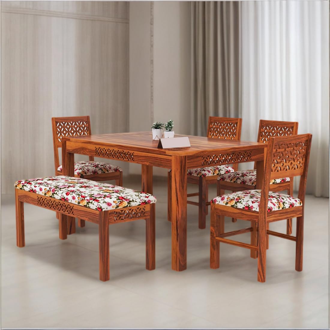 Sheesham Wood CNC Cuting Dining Table with 4 Chairs with 1 Bench|6 Seater Dining Set- Dining Room Furniture