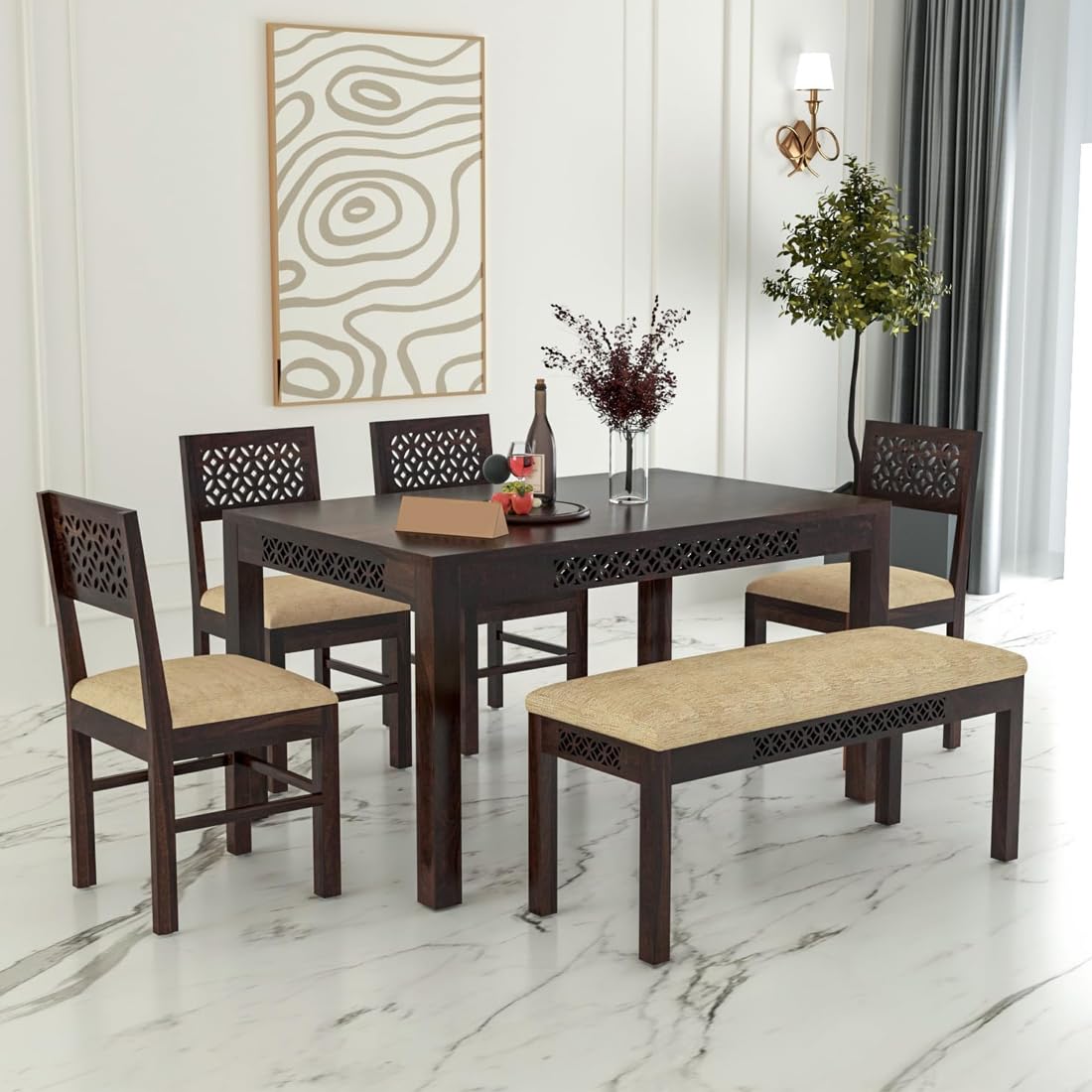 Sheesham Wood Dining Table(57x35) with 4 Chairs & 1 Bench | 6 Seater Dining Set | Wooden Dining Table with Chair - Dining Room Furniture