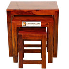 Sheesham Wood Nesting Stools for Living Room, Wooden Tables, Set of 3, Brown