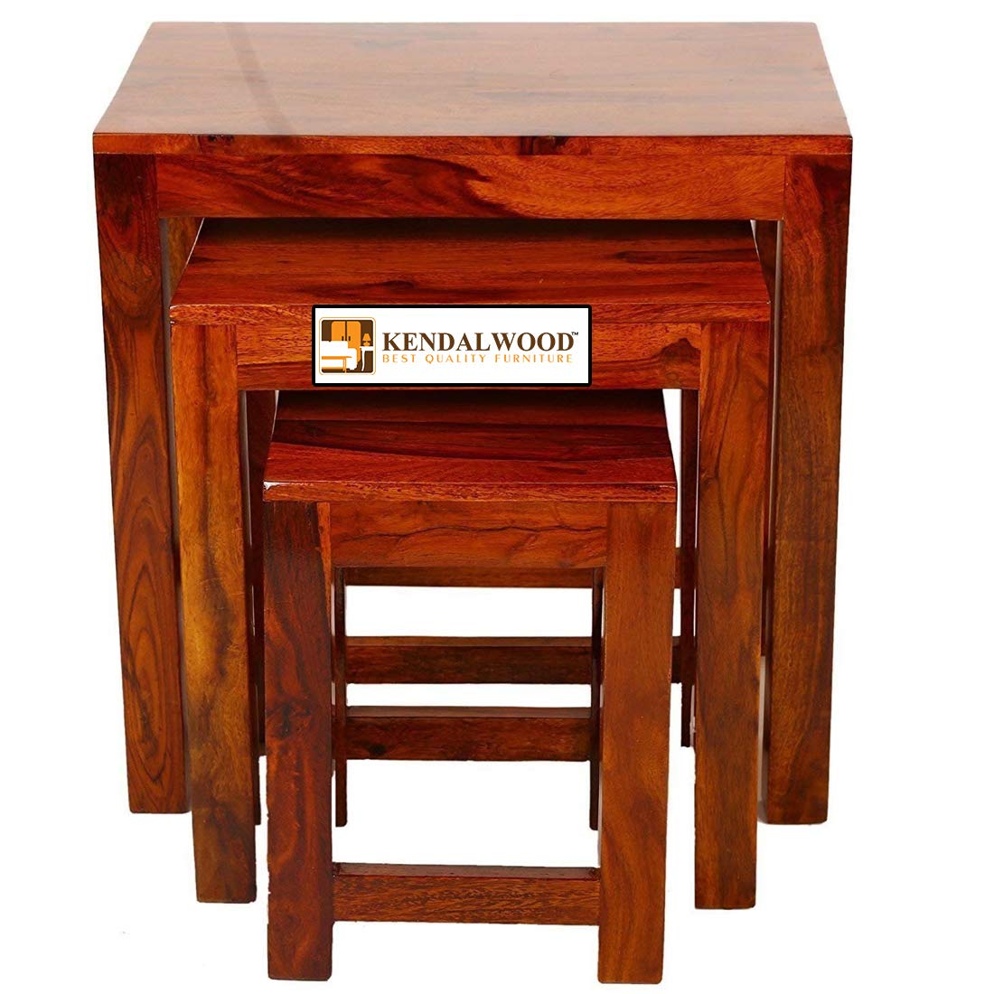 Sheesham Wood Nesting Stools for Living Room, Wooden Tables, Set of 3, Brown