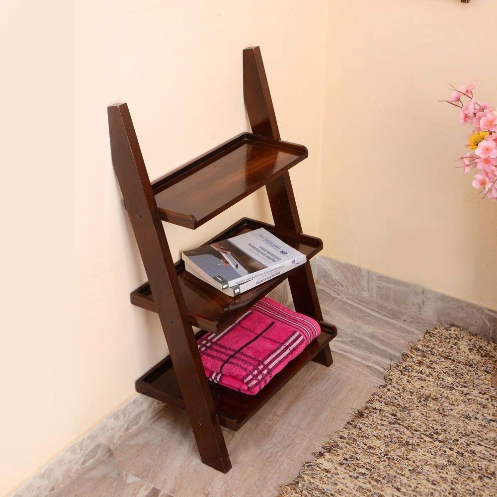 Furniture Wooden Corner Bookcase for Living Room | Corner Wall Shelve (3 Tier Shelve, Brown Finish)