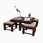 Premium Sheesham Wood Coffee Table for Living Room | Wooden Coffee Table with 4 Stool | Walnut Finish with Flower Printed Cushions