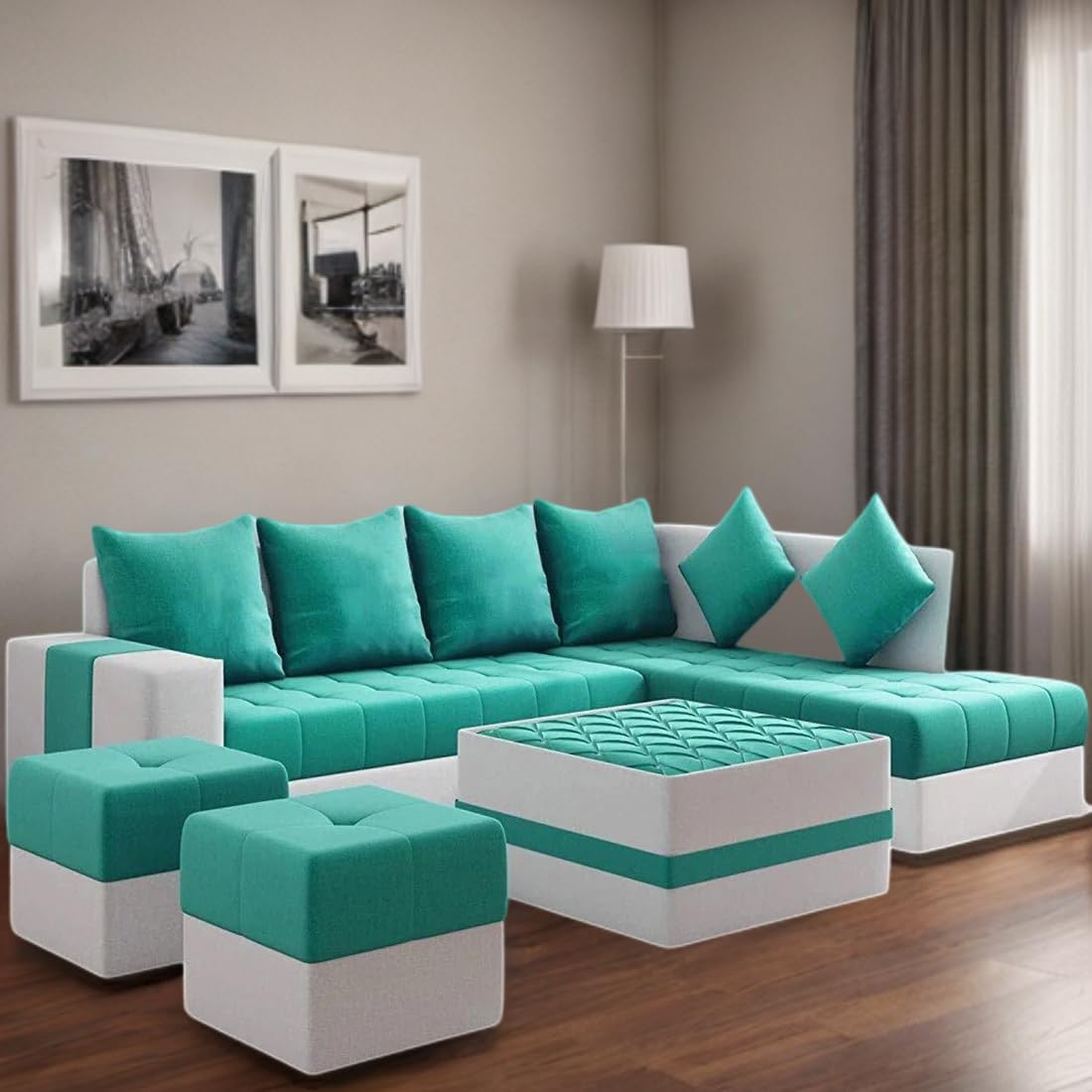 8 Seater Sofa Set, L Shape Sofa (Right Facing) 2 Ottoman, 6 Small Pillow with Coffee Table for Living Room Furniture | Sofa for Home & Office Furniture