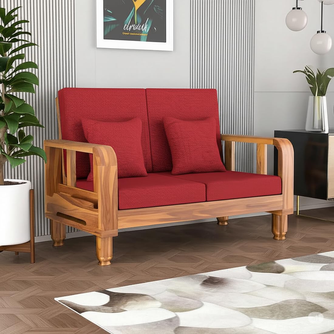 Solid Wood 2 Seater Wooden Sofa Set for Living Room Furniture Fabric 2 Seater Sofa