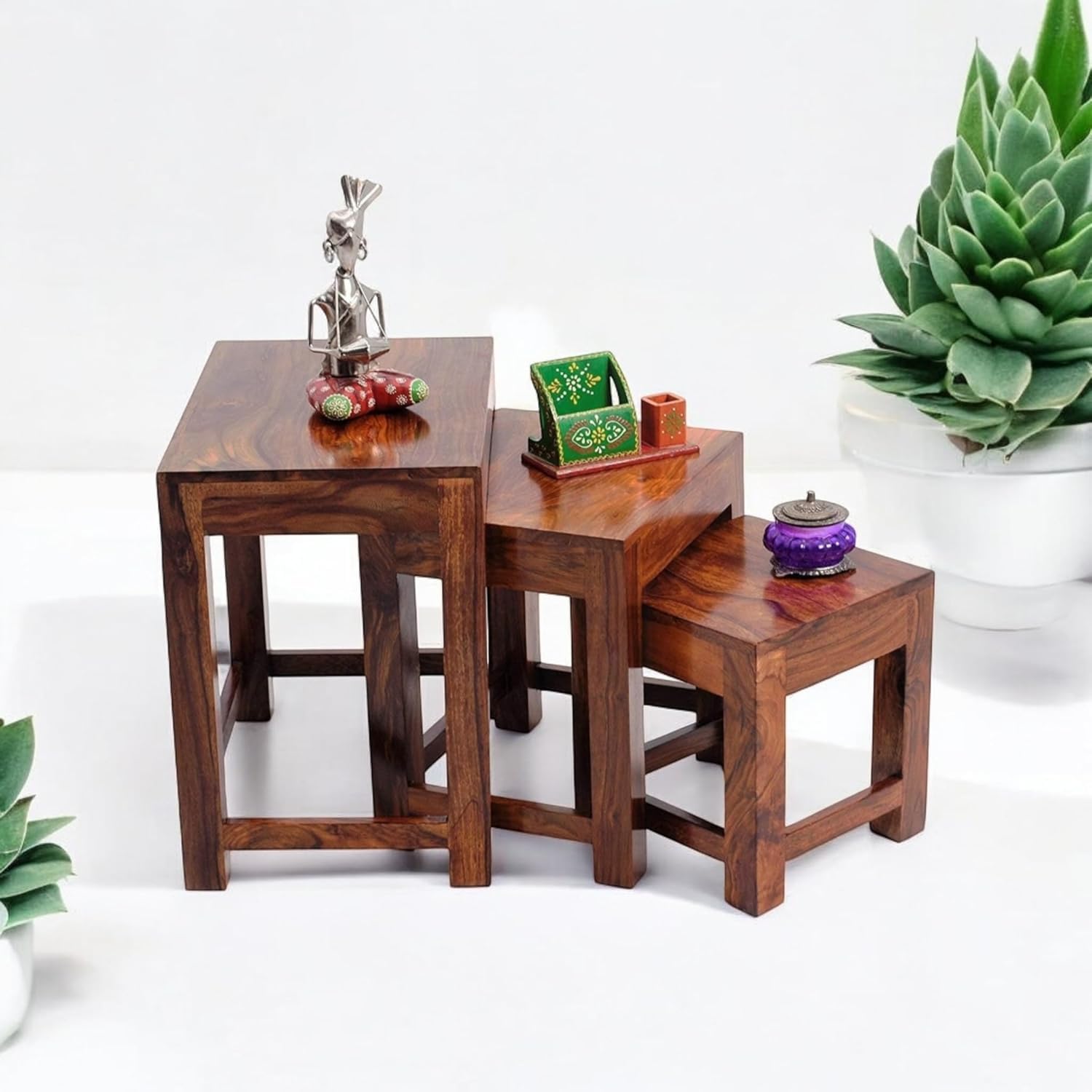 KendalWood Furniture Sheesham Wood Nesting Stools with Mahogany Finish