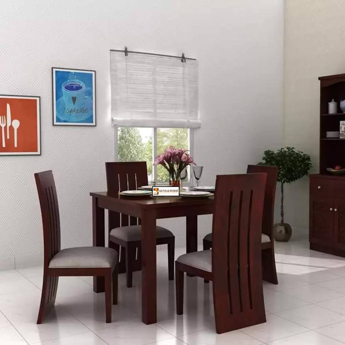 Sheesham Wood Dining Table with Chairs & Chusion | Dining Room Furniture (4 Seater, Mahogany Finish + Cushion)