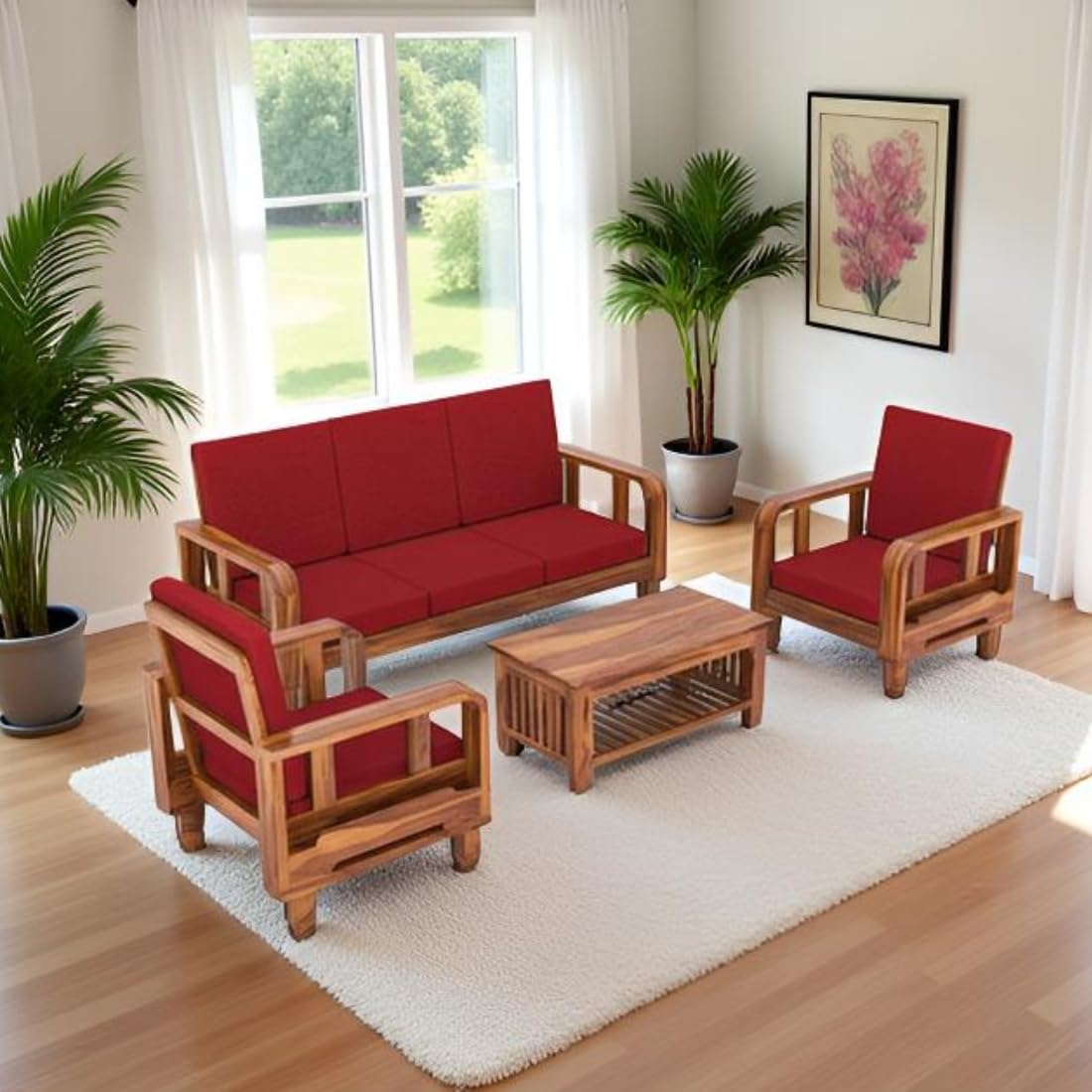 Solid Wood 5 Seater Wooden Sofa Set for Living Room Furniture 5 Seater 3+1+1 Fabric Sofa Set with Center Table