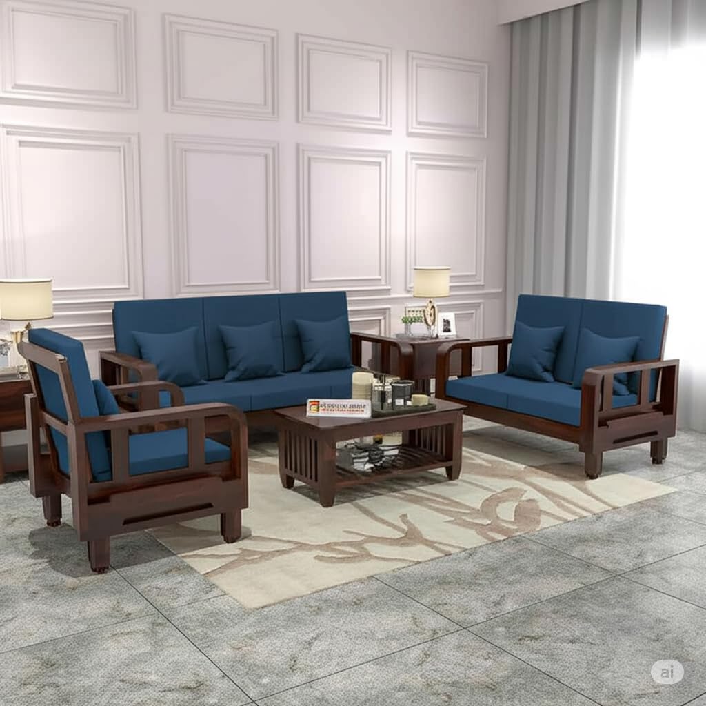 Solid Wood 6 Seater Wooden Sofa Set for Living Room Furniture 6 Seater 3+2+1 Fabric Sofa Set with Center Table