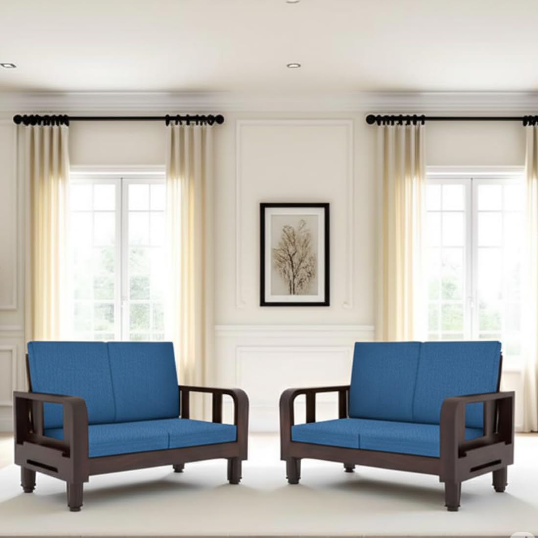 Solid Wood 4 Seater Wooden Sofa Set for Living Room Furniture 4 Seater 2+2 Fabric Sofa Set with Center Table