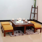 KendalWood Furniture Sheesham Wood Coffee Table for Living Room | Center Table with 4 Stools