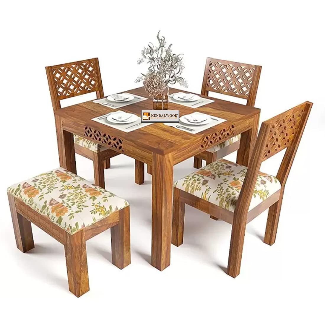 Sheesham Wood Dining Table with 3 Chairs 1 Bench | 4 Seater Dining Set | Wooden Dining Table with Chair | Dining Room Furniture