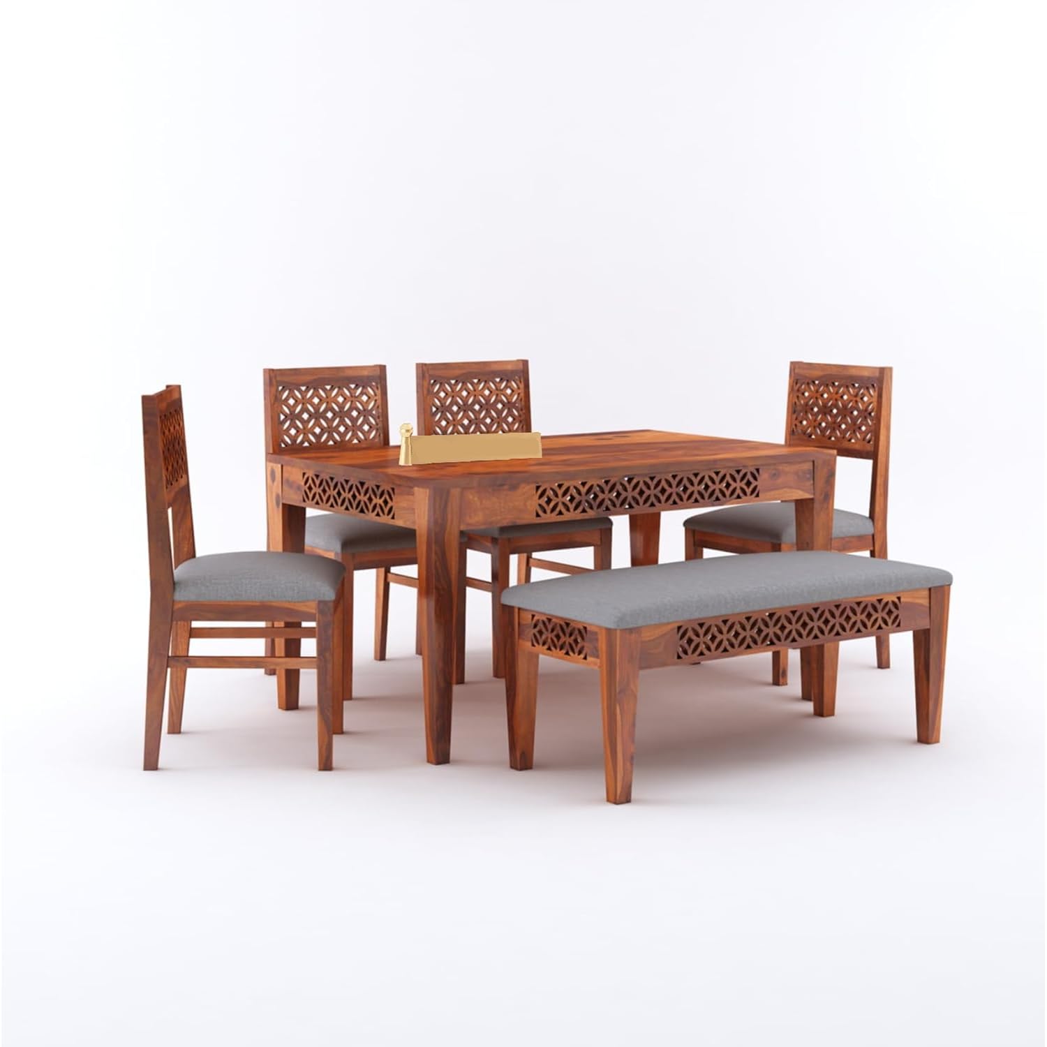 Sheesham Wood CNC Cuting Dining Table with 4 Chairs with 1 Bench|6 Seater Dining Set- Dining Room Furniture