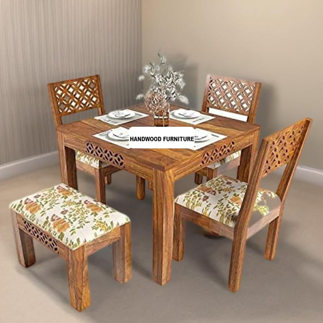 Sheesham Wood Dining Table(34x34) with 3 Chairs & 1 Bench | 4 Seater Dining Set | Wooden Dining Table with Chair - Dining Room Furniture