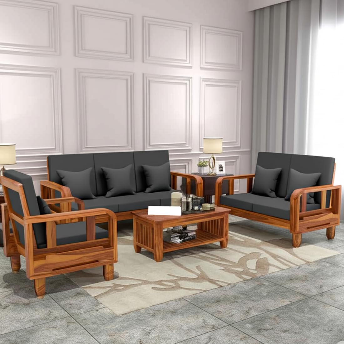 Solid Wood 6 Seater Wooden Sofa Set for Living Room | 3+2+1 Sofa Set with Center Table | Furniture for Home & Hotels