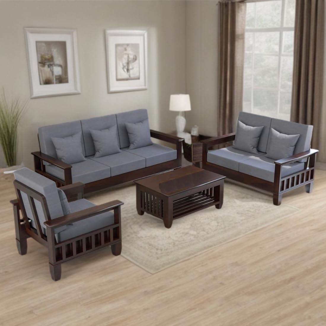 Solid Sheesham Wood Sofa Set , Living Room Furniture (3+1+1 with Center Table) 5 Seater