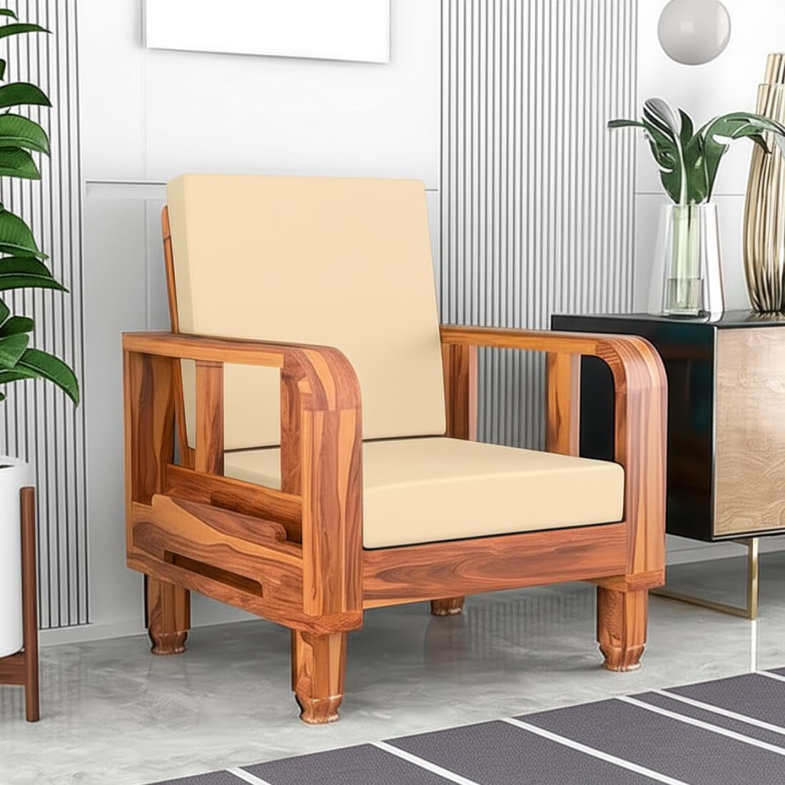 Solid Wood 1 Seater Wooden Sofa Set for Living Room Furniture | Sofa for Home & Office | 1 Seater Sofa