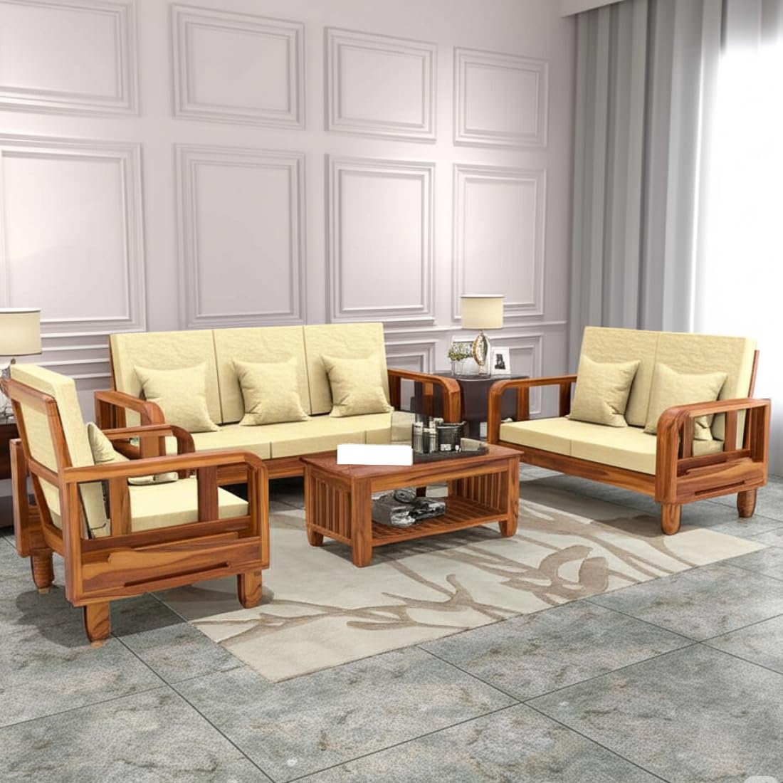 Solid Wood 6 Seater Wooden Sofa Set for Living Room | 3+2+1 Sofa Set with Center Table | Furniture for Home & Hotels