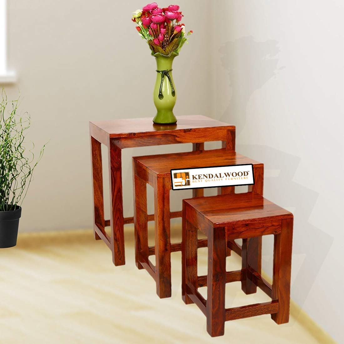 Sheesham Wood Nesting Stools for Living Room, Wooden Tables, Set of 3, Brown