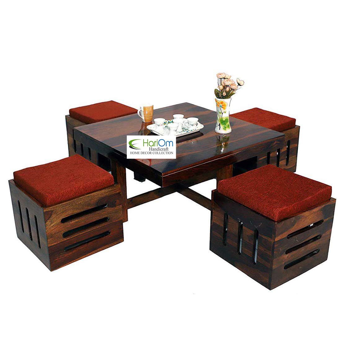 Sheesham KendalWood Capsule Cut Center Coffee Table with 4 Stools for Living Room Teak Finish with Orange Cushions