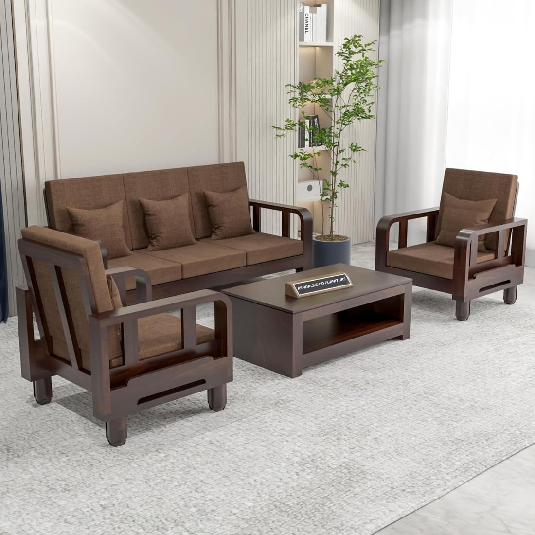 Solid Wood 5 Seater Wooden Sofa Set for Living Room Furniture 5 Seater 3+1+1 Fabric Sofa Set with Center Table