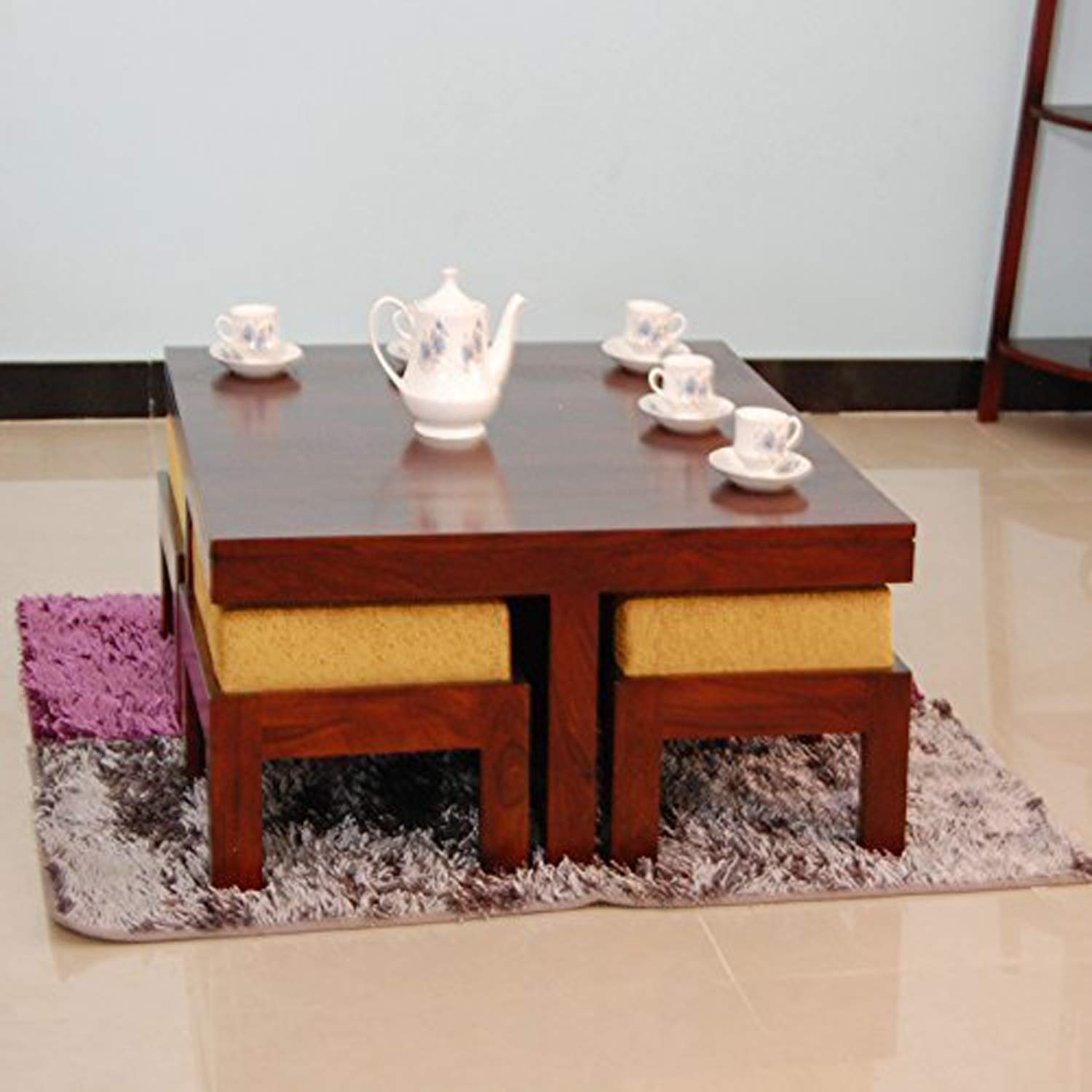KendalWood Furniture Sheesham Wood Coffee Table for Living Room | Center Table with 4 Stools