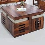 Solid Sheesham Wood Coffee Table for Living Room/Center Table with 4 Stools
