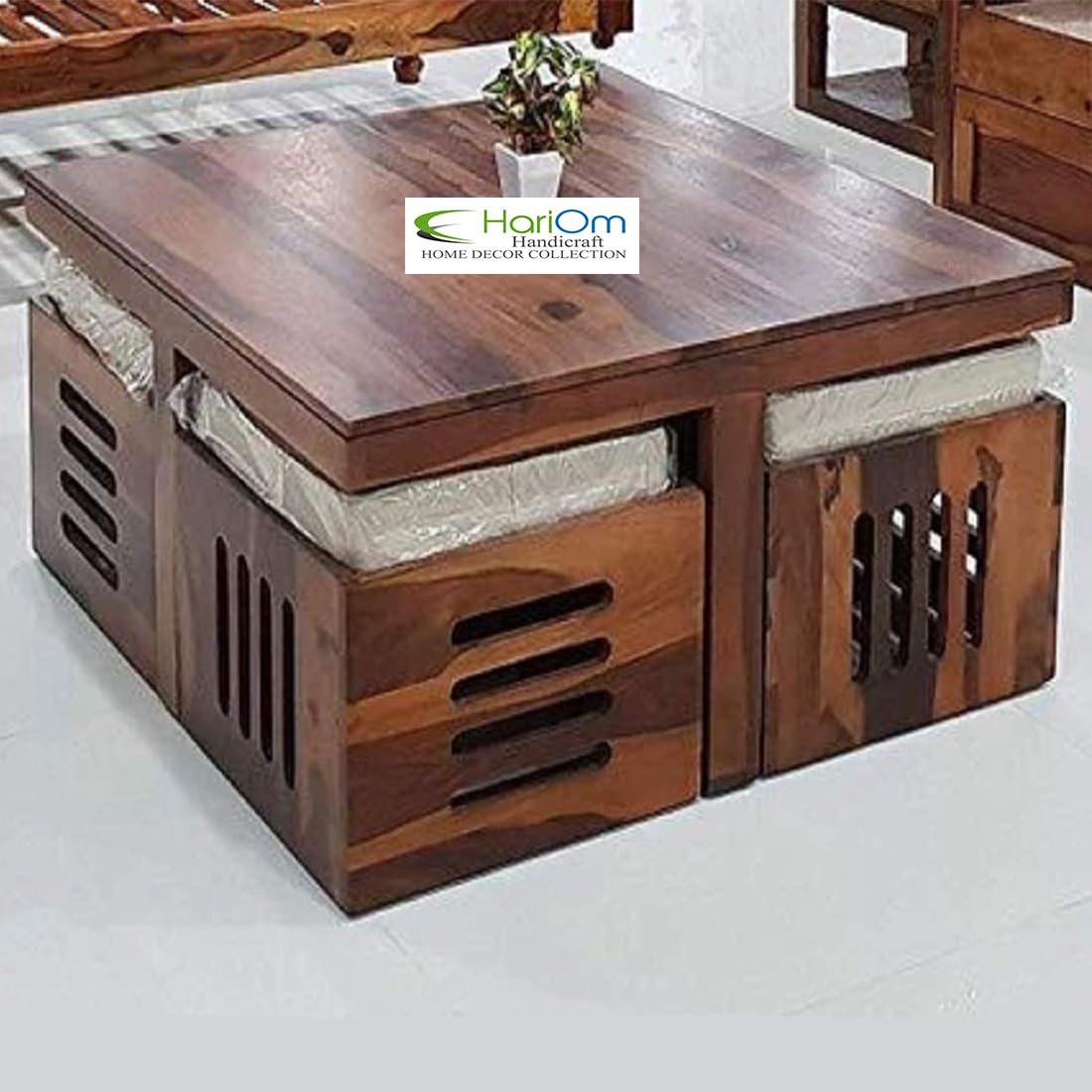 Solid Sheesham Wood Coffee Table for Living Room/Center Table with 4 Stools