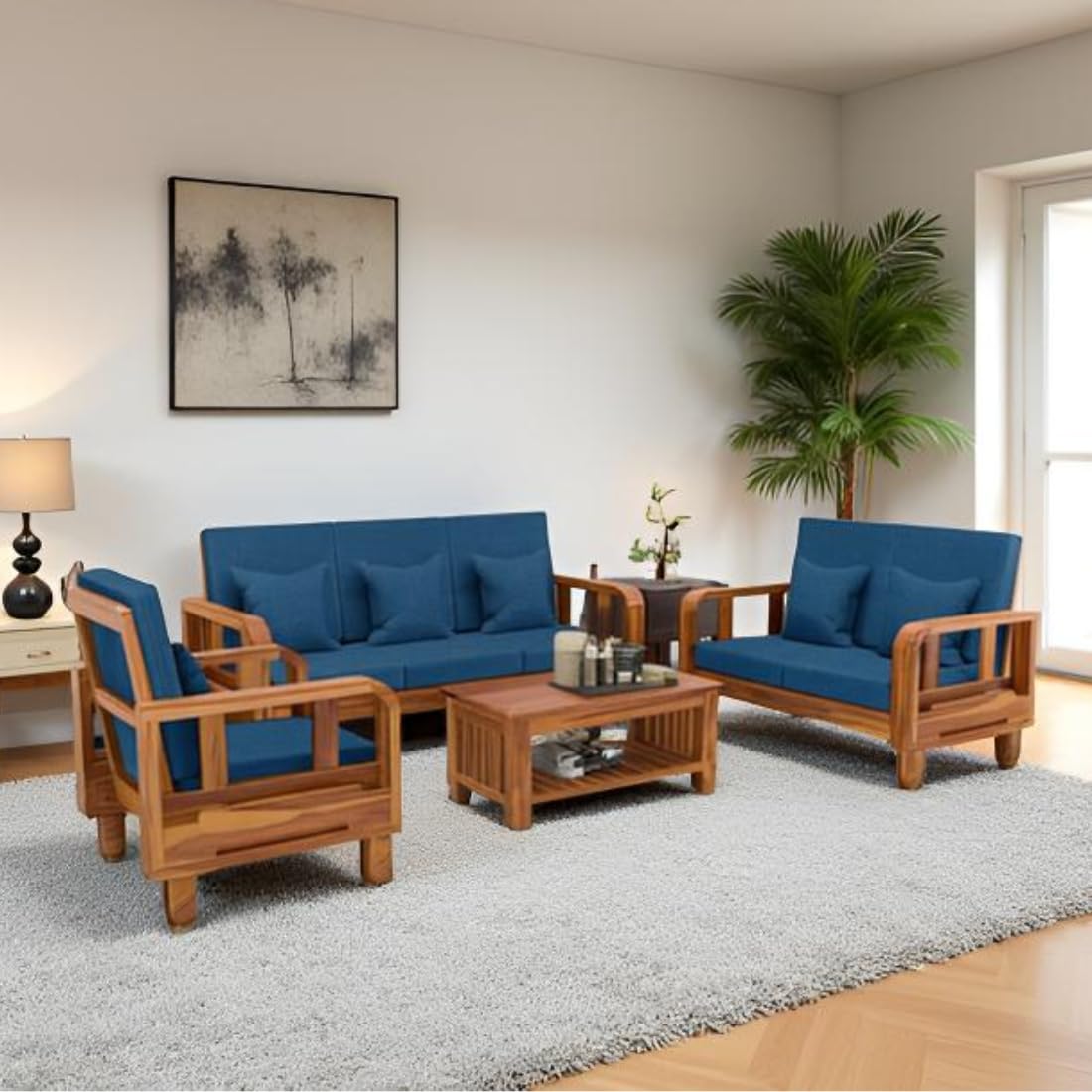 Solid Wood 6 Seater Wooden Sofa Set for Living Room Furniture 6 Seater 3+2+1 Fabric Sofa Set with Center Table