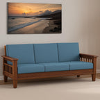 Solid Sheesham Wood 3 Seater Wooden Sofa Set with Brown Cushions 3 Seater Sofa