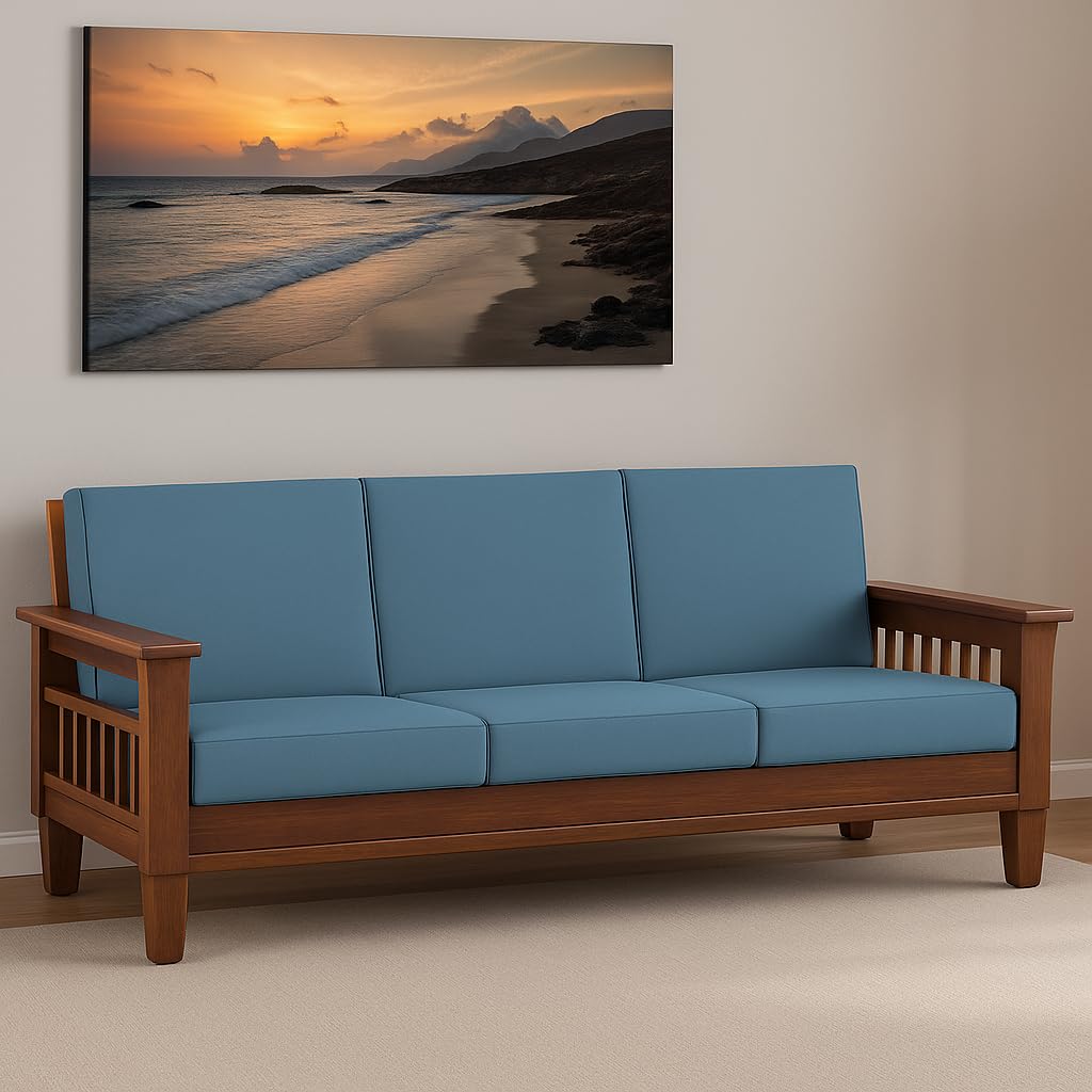 Solid Sheesham Wood 3 Seater Wooden Sofa Set with Brown Cushions 3 Seater Sofa