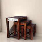 Sheesham Wood Nesting Tables for Living Room, Wooden Stools, Set of 3
