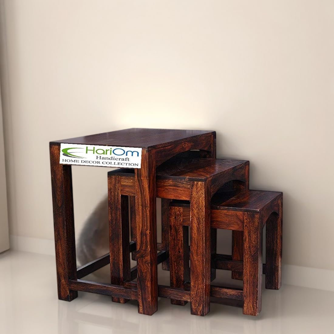 Sheesham Wood Nesting Tables for Living Room, Wooden Stools, Set of 3