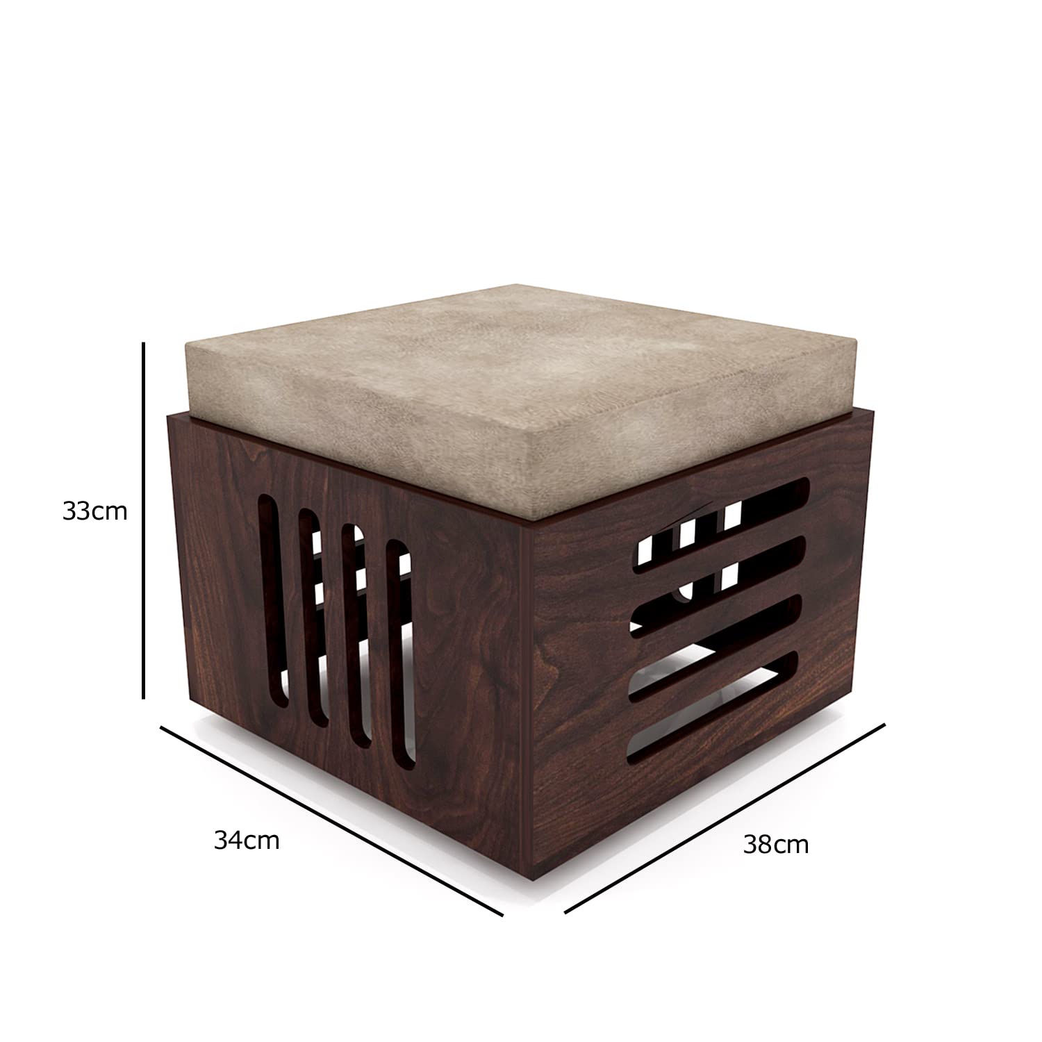 Sheesham Wood Center Coffee Table with 2 Wooden Stools Cream Cushion for Living Room