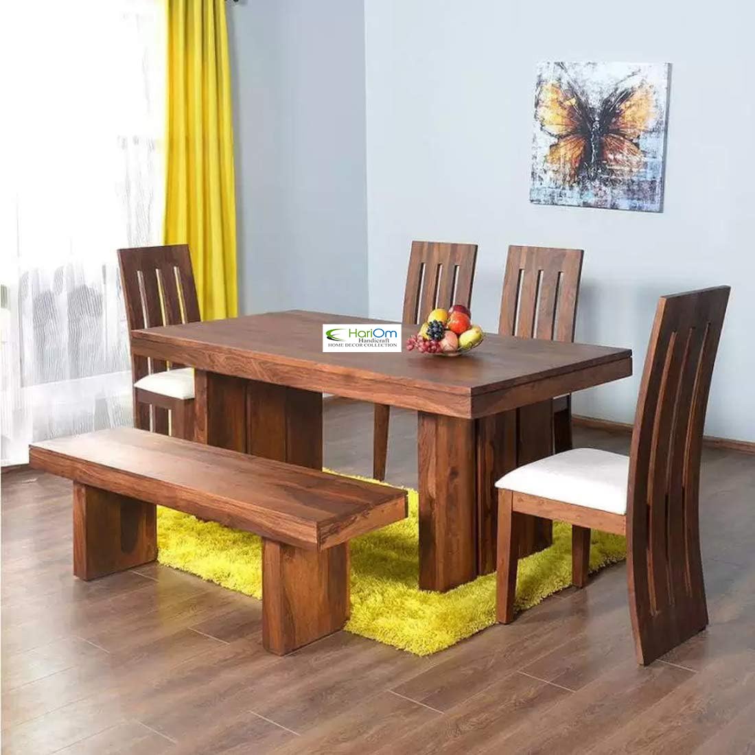 Sheesham Wood 6 Seater Teak Finish Dining Table with Chairs and White Cushion