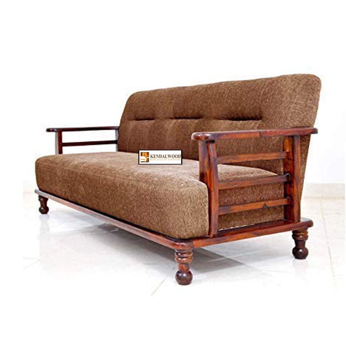 Solid Sheesham Wood Sofa Set | Wooden Sofa Set | Pre Assembled (Ready to Use) | Fabric 3 + 1 + 1 Natural