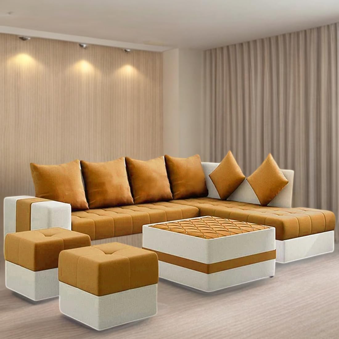 8 Seater Sofa Set, L Shape Sofa (Right Facing) 2 Ottoman, 6 Small Pillow with Coffee Table for Living Room Furniture | Sofa for Home & Office Furniture