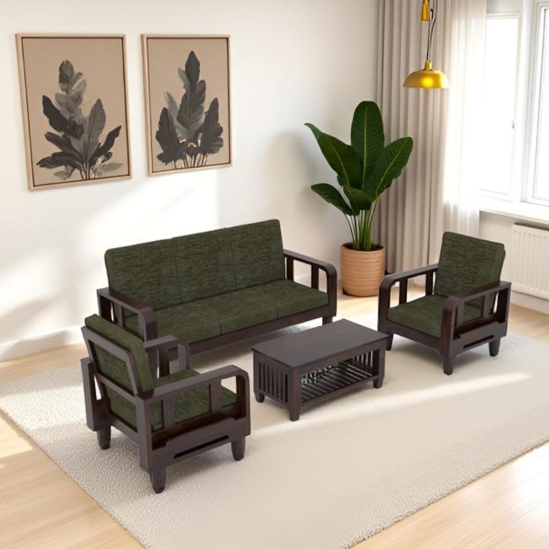 Solid Wood 5 Seater Wooden Sofa Set for Living Room Furniture 5 Seater 3+1+1 Fabric Sofa Set with Center Table