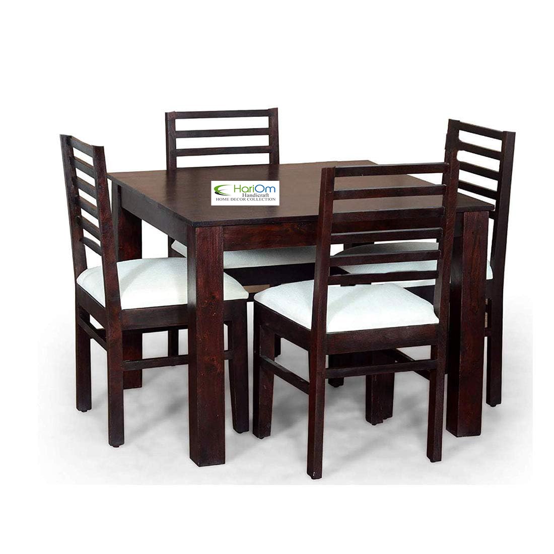 KendalWood Furniture 4 Seater Sheesham Wood Dining Table with Chairs and Cream Cushion
