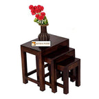 Sheesham Wood Nesting Stools for Living Room, Wooden Tables, Set of 3, Brown
