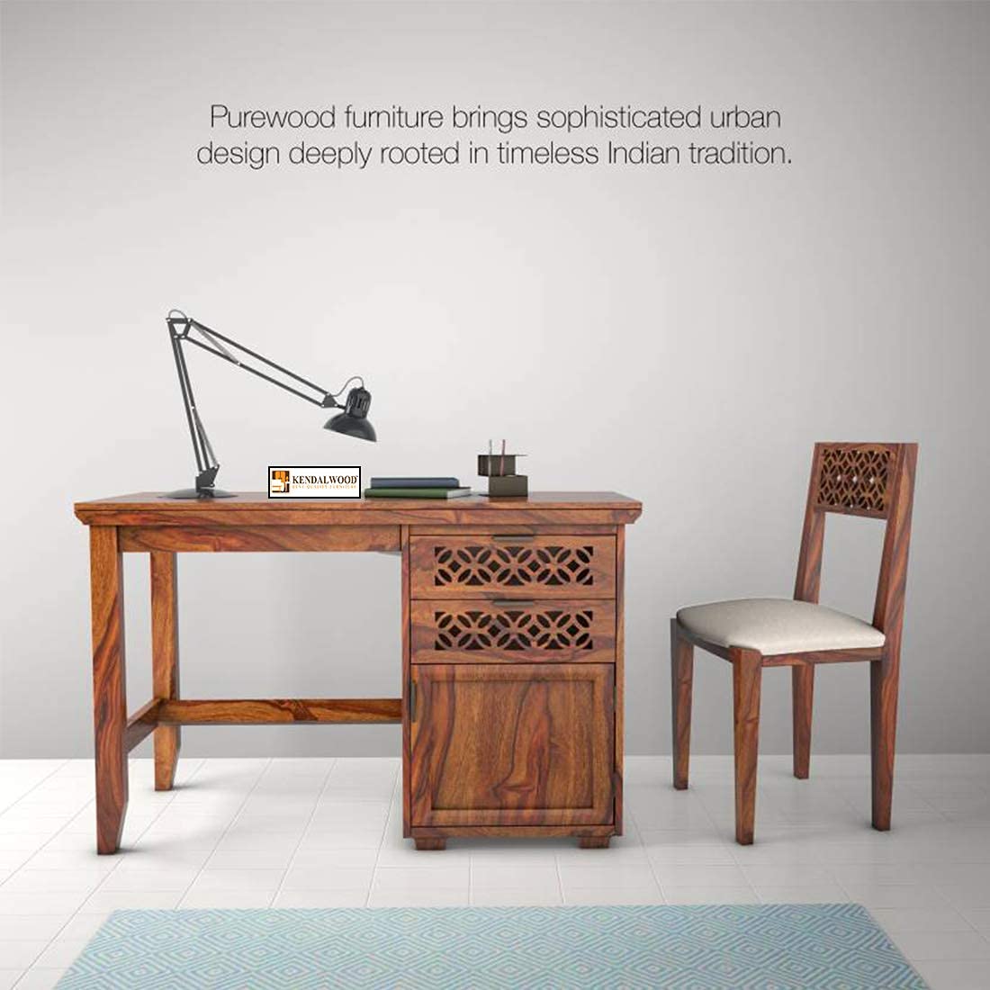 KENDALWOOD™ Furniture Solid Wood Office Desk | Reading Writing Table | Laptop Table |Wooden Table & Chair Set for Home and Office Study Table with Chair - Teak Finish